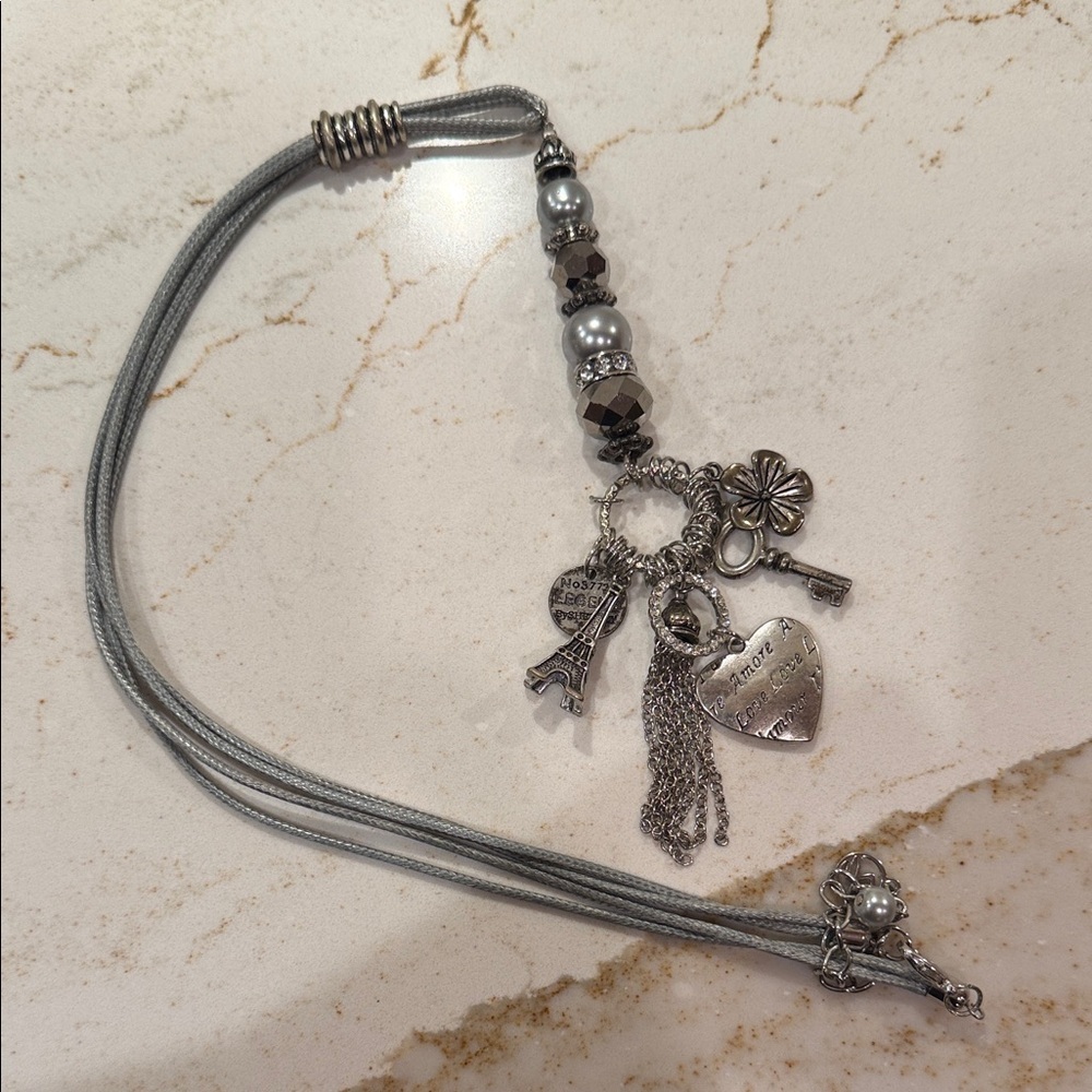 Silver Charm Necklace with Heart and Eiffel Tower